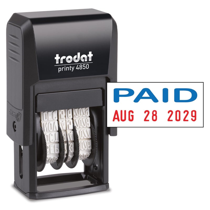 Trodat Printy 4850 Date Stamp - Pocket Sized Self-Inking Stamp with Paid Message - Blue and Red Ink, 3/4"" x 1"" - Image 1